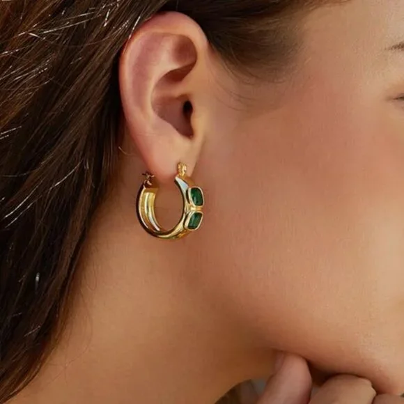 Green Lightweight 4k Gold plated Earrings Elegant Chunky Hoops - Picture 2 of 5